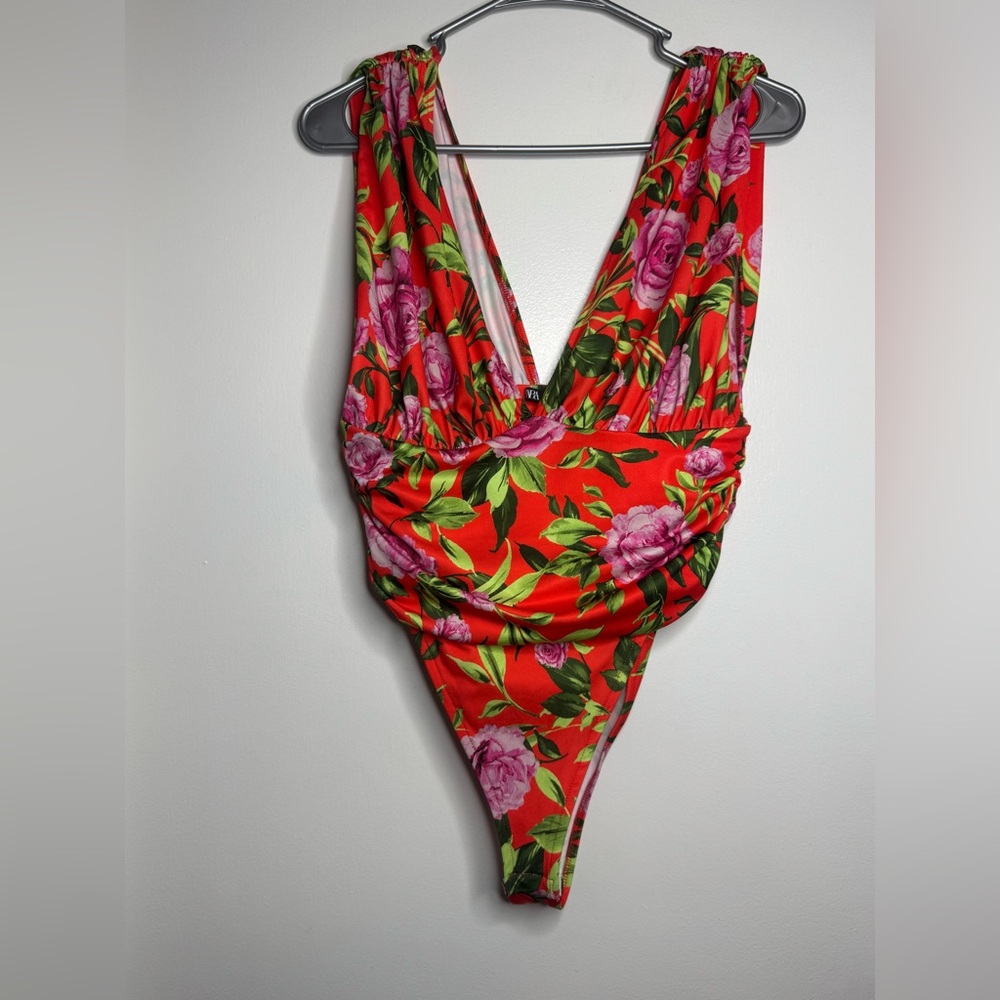Zara  Women Draped Floral Tropical Deep V Neck High Cut Red and Pink Bodysuit